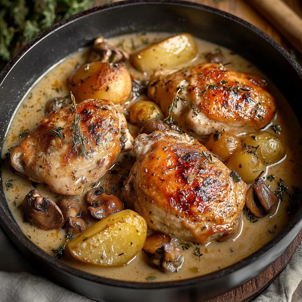 Herb Roasted Chicken in Creamy White Sauce with Mushroom and Potatoes